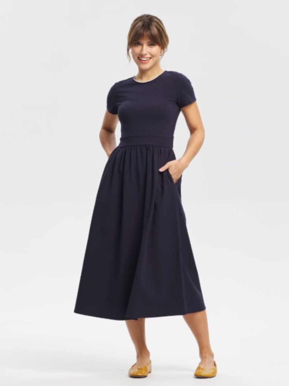 NWT Short Sleeve Knit Midi Dress Pockets Navy Blue w/ White Lace Trim Women's S